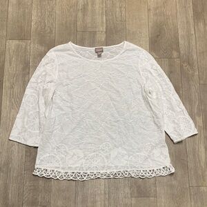 Womens‎ Chico’s White Embroidered Crochet Scallop 3/4 Sleeve Top Shirt